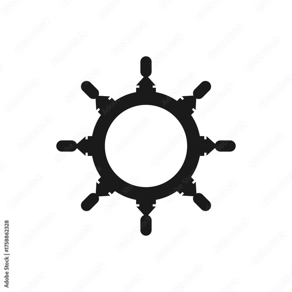 Fototapeta premium Black and white image of a ship's wheel, a symbol of navigation and control.