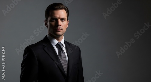 A man in a dark suit and tie is shown from the chest up against a gray background