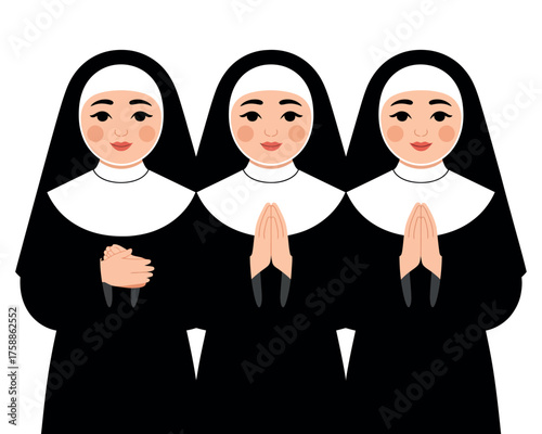 Three cartoon nuns in black habits praying together with their hands clasped