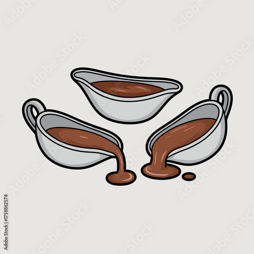 Three gravy boats filled with brown gravy and one pouring