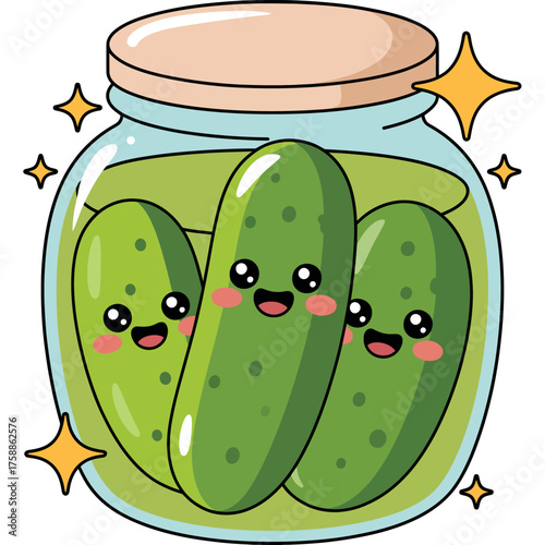 Cute kawaii pickles in a jar with sparkles