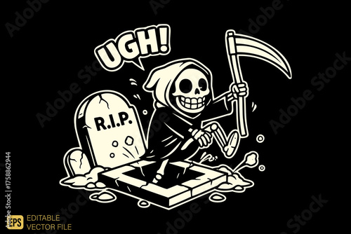 Grim Reaper Emerging from Grave with Scythe and Ugh Speech Bubbl