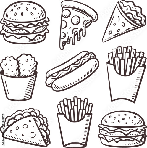 Burger pizza hotdog fries taco chicken nuggets sketch french fries