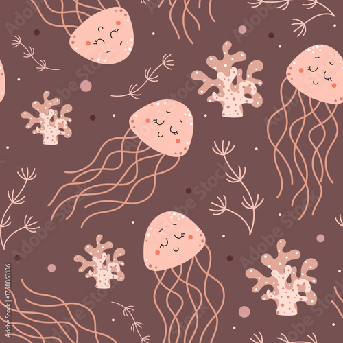 Seamless pattern with cute jellyfish. Sea creatures, underwater world, oceanic and marine themes. Vector illustration