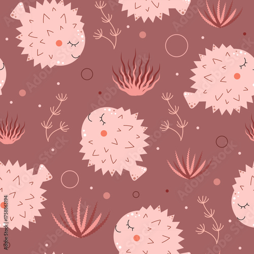 Seamless pattern with cute fugo fish. Sea creatures, underwater world, oceanic and marine themes. Vector illustration