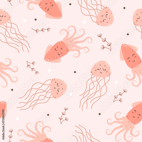 Seamless pattern with cute jellyfish and squid. Sea creatures, underwater world, oceanic and marine themes. Vector illustration