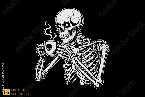 Skeleton enjoying a hot cup of coffee in a relaxed pose.