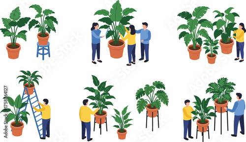 Indoor plant care, collaborative gardening, cozy home activity, potted plant decor, nature-inspired illustration, wellness lifestyle, relaxing hobby scene