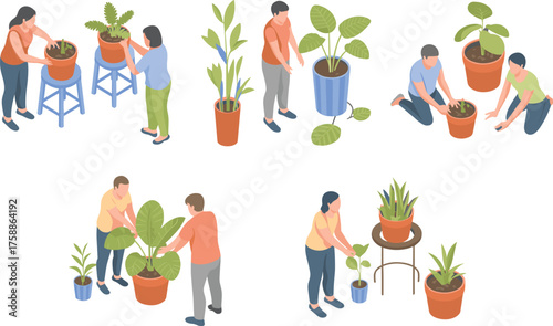 Indoor gardening teamwork, plant care illustration, cozy home activity, potted plant decor, wellness lifestyle, nature-inspired art, relaxing hobby scene