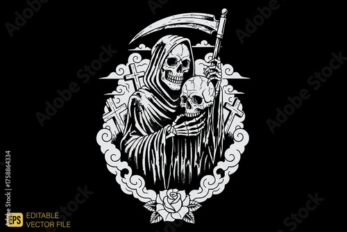Grim Reaper Holding Skull with Scythe in Ornate Frame.