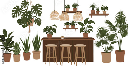Indoor plant café, cozy bar counter, woven pendant lights, botanical decor, potted greenery, home interior, nature-inspired design, relaxing vibe