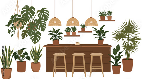 Indoor plant café, cozy bar counter, woven pendant lights, potted greenery, home decor, nature-inspired interior, botanical illustration, relaxing vibe