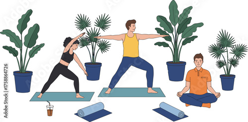 Group yoga session, indoor wellness, mindful lifestyle, potted plant decor, meditation pose, cozy home vibe, fitness illustration, peaceful interior