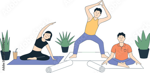 Group yoga session, wellness illustration, indoor exercise, potted plant decor, mindful lifestyle, cozy home vibe, meditation pose, fitness art