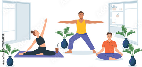 Indoor yoga session, wellness illustration, potted plant decor, mindful lifestyle, modern interior, meditation pose, healthy living, cozy home vibe