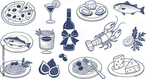 Foodie Feast A Culinary Collection Seafood Pasta Pizza Cheese Icons for Food Blog Restaurant Menu Design and Gastronomy Illustration