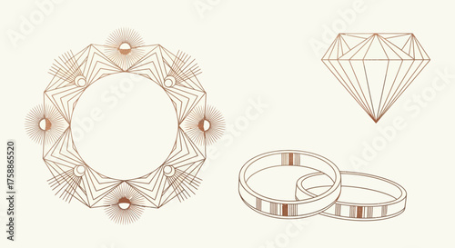 Art Deco wedding vector elements with geometric wreath, minimalist rings, and diamond shape for elegant invitations and branding