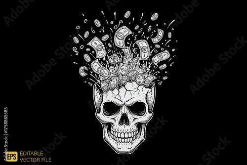 Skull with Exploding Money and Coins Creative Vector Illustratio