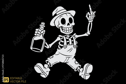 Funny Skeleton Character with Bottle and Middle Finger Gesture.