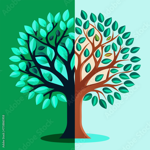 Stylized tree illustration with two sides one dark and one light representing balance and duality