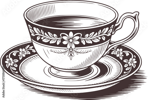 Ornate floral teacup and saucer with dark liquid vector