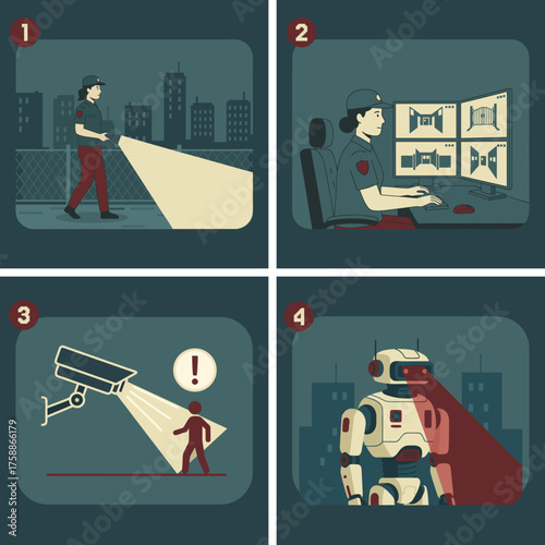 The evolution of security: from patrol to robot. The manual labor of a security guard is replaced by AI cameras and robots, symbolizing the dismissal due to complete automation. A set of 4 images.