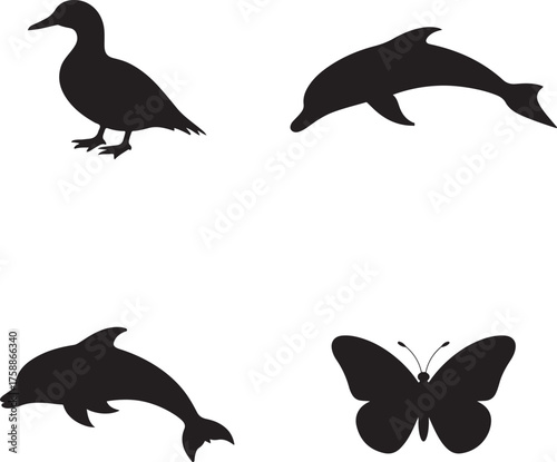 A vector illustration of dolphin silhouettes and a set of flying bird silhouettes for wildlife design