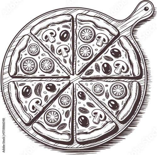 Sliced pizza with mushrooms olives and tomatoes on wooden board vector