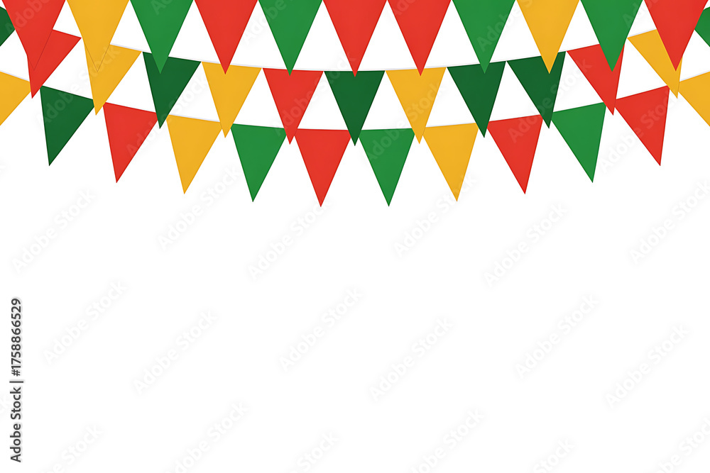 Fototapeta premium Colorful triangular flags in red, green, and yellow, creating a festive, celebratory atmosphere.