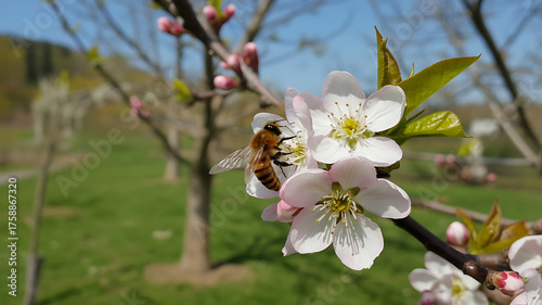 Bee pollinates delicate blossoms on a tree branch, set against a backdrop of lush green landscape.
