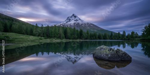 Majestic mountain peak reflects in calm lake, surrounded by lush forest, twilight hues.