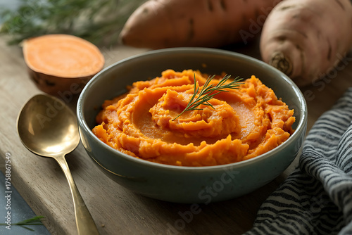 Vibrant orange sweet potato mash presented in a bowl, garnished with herbs, alongside a spoon.