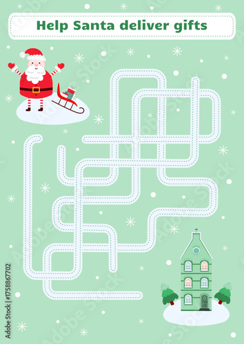 Maze game for kids. Cute labyrinth with santa. Help Santa deliver gifts to house. Educational activity worksheet.Illustration for kids books and workbooks. Logical quest for children.  Vector 