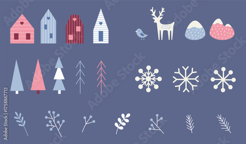Collection of winter isolated elements in skandinavian style on blue background. Nordic designer elements. Minimalistic style. Hugge style. Decorative elements for greeting cards, patterns, posters. 