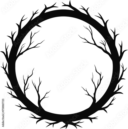 Circular wreath of bare tree branches silhouette isolated on white background isolated on transparent background
