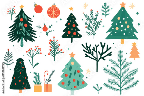 Collection of eight diverse evergreen pine trees isolated on a illustration