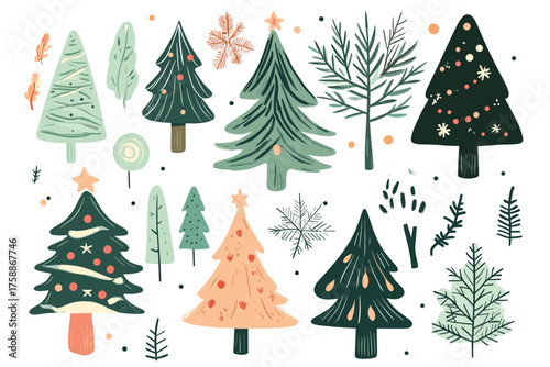 Six decorated green christmas trees variety festive holiday ornaments on illustration