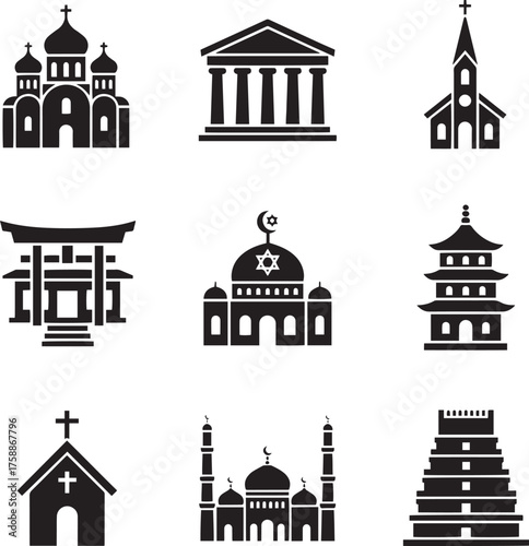 World Religious and Historical Building Vector Icons Set