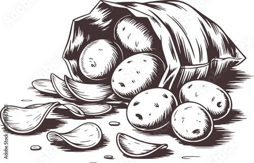 Whole potatoes and potato chips spilling from bag snack