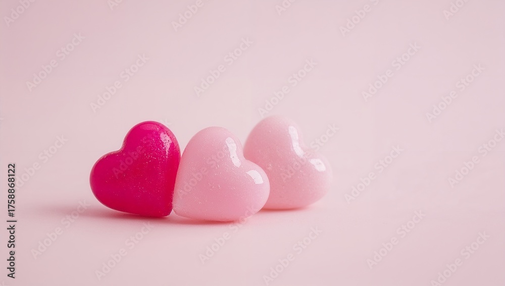 Fototapeta premium Illustration of three heart shaped candies on pink background, love and valentines day