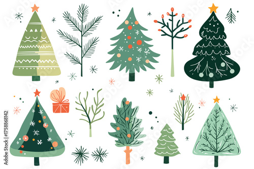 Collection of six diverse green fir trees isolated on for festive design illustration