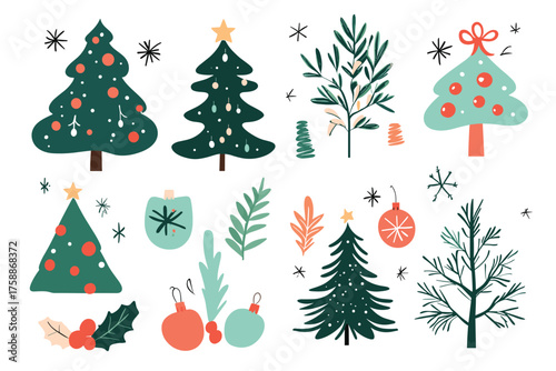 Collection of six diverse green fir trees isolated on for festive design illustration