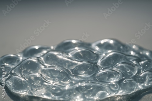 Close-up of a transparent hydrogel surface with light reflections, showing its smooth texture, fluid form, and glossy organic appearance under soft natural lighting
