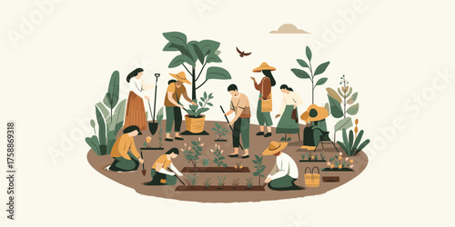 Community gardening scene depicting diverse individuals collaborating in sustainable agriculture