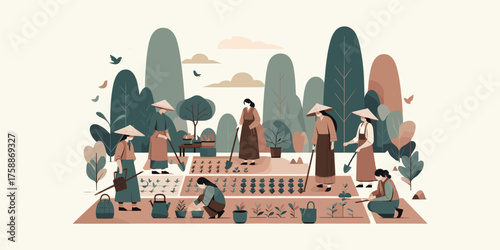A beautiful vector illustration of a community of women in traditional hats working together in a flourishing organic farm