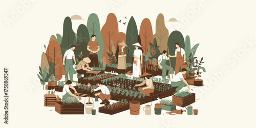 Community Garden Scene People Working Together in a Lush and Diverse Planting Area