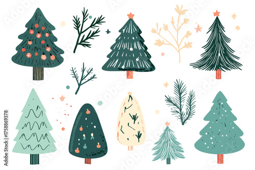 Collection of six diverse green fir trees isolated on for festive design illustration