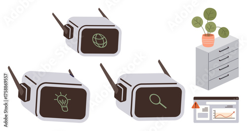 Retro-style devices with globe, lightbulb, and magnifying glass icons, alongside a potted plant, filing cabinet, and graph panel. Ideal for tech innovation, remote work, analysis and connectivity