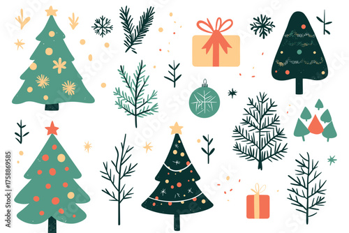 Collection of six diverse green fir trees isolated on for festive design illustration