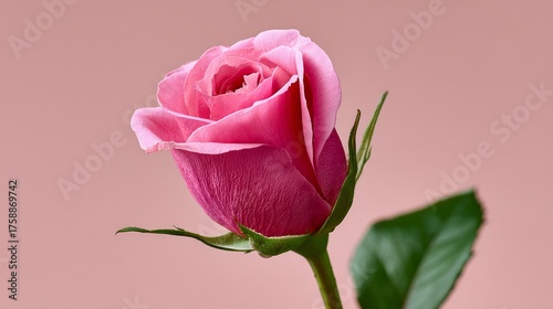 Single pink rose is the main focus of the image. The rose is standing tall and is the only flower in the picture. The pink color of the rose gives a sense of love and romance